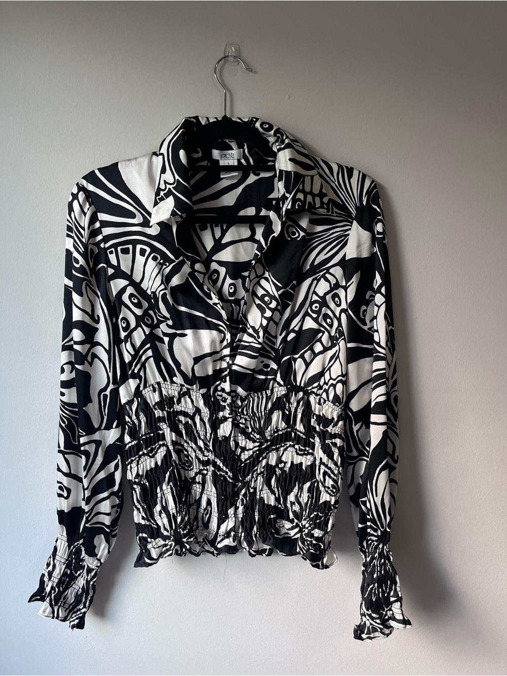 Cache 100% silk floral butterfly cinch waist top
